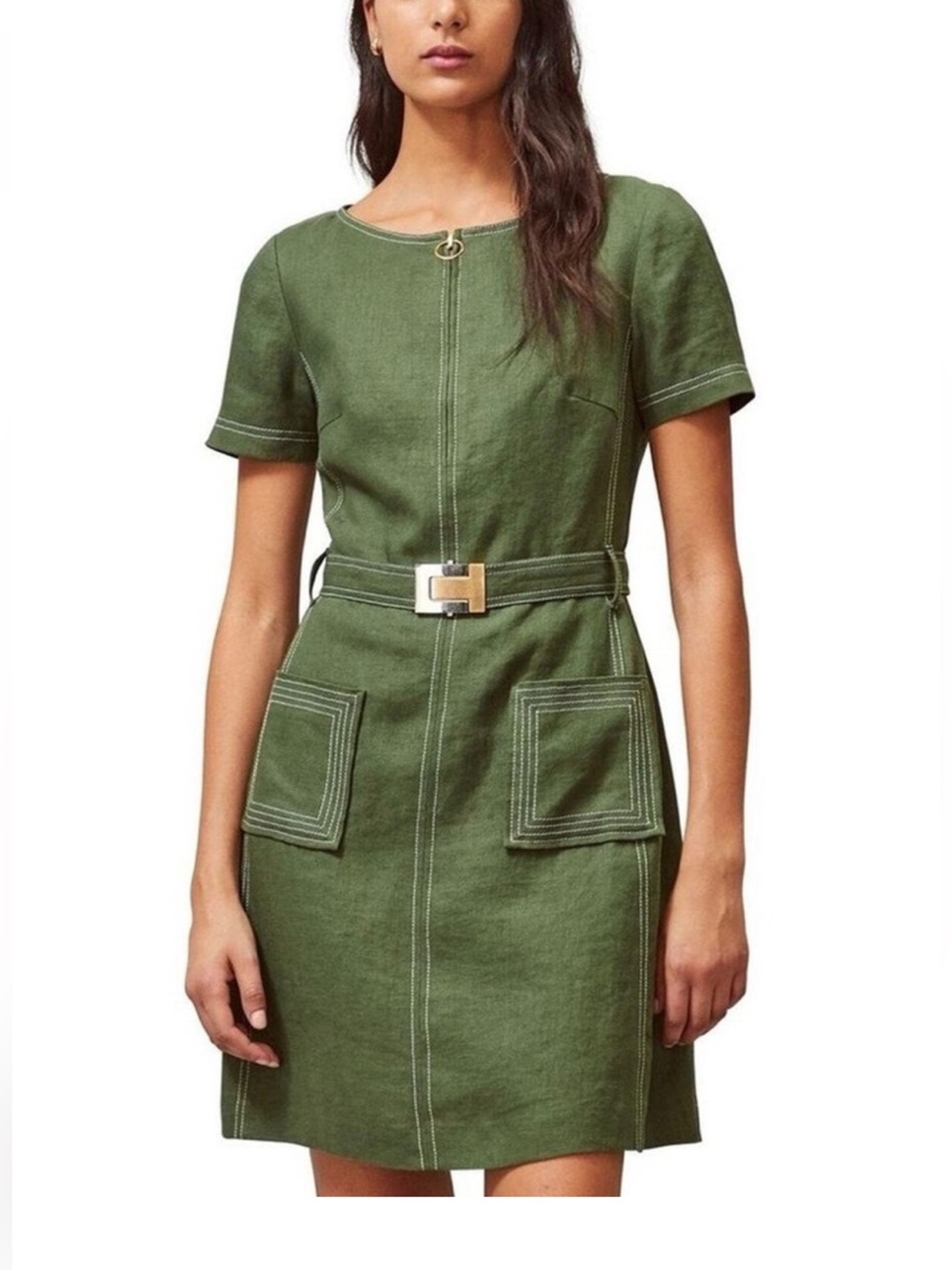 Tory Burch Nadia Linen Belted Dress Olive Green Contrast Stitch Size 8